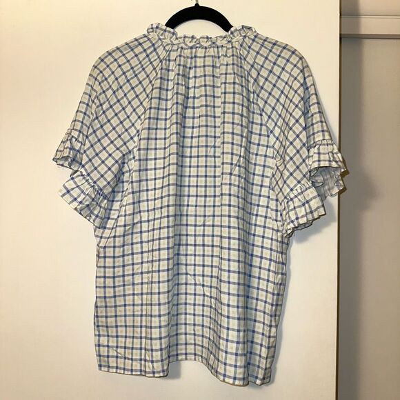 Philosophy Button Down Ruffle Sleeve White Blue Green Plaid Blouse Medium EUC - Picture 6 of 12
